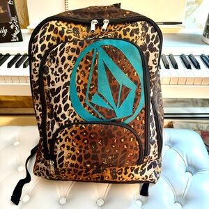 Leopard Print Backpack with Teal Logo